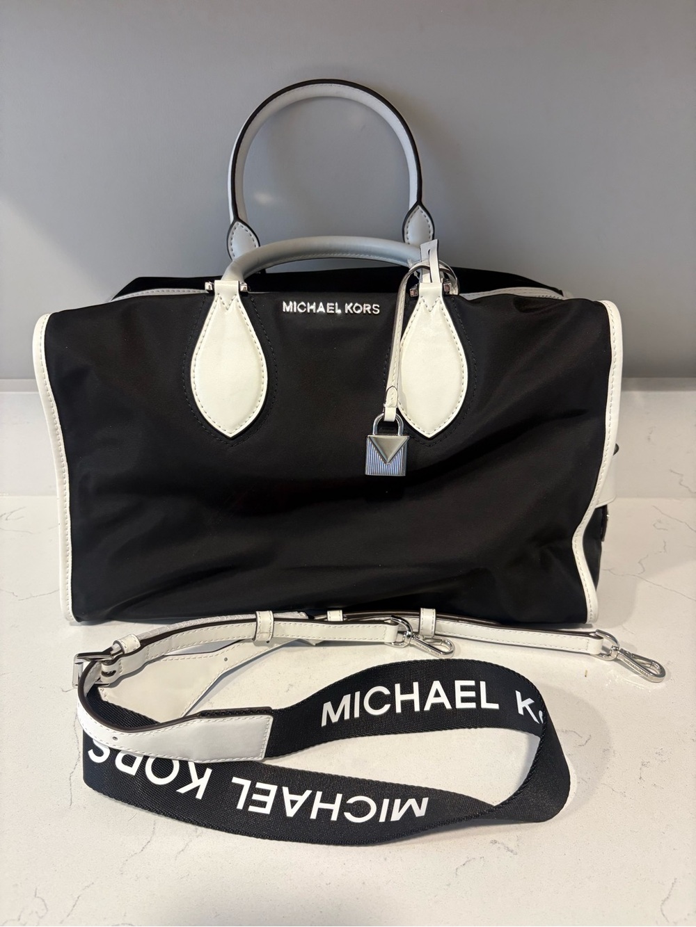 Michael Kors Black and White Nylon Satchel with additional Crossbody strap Strap